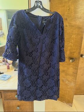 Adrianna Papell Navy Floral Lace Midi Dress